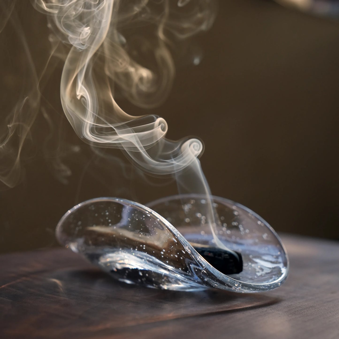 Thick smoke curls from a Palo Santo stick in a bubble glass burner.