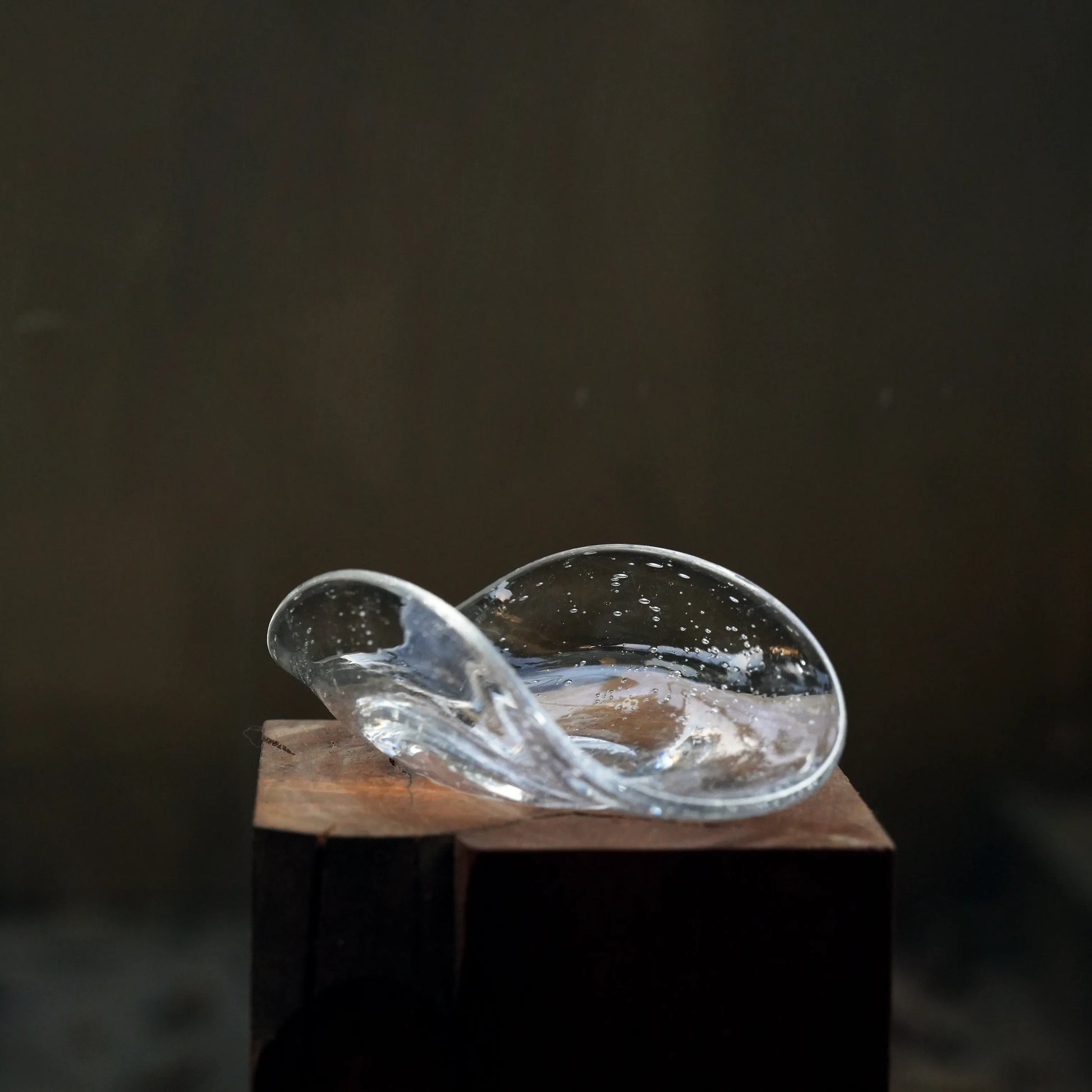 An empty, free-form bubble glass dish sitting on a wooden block.