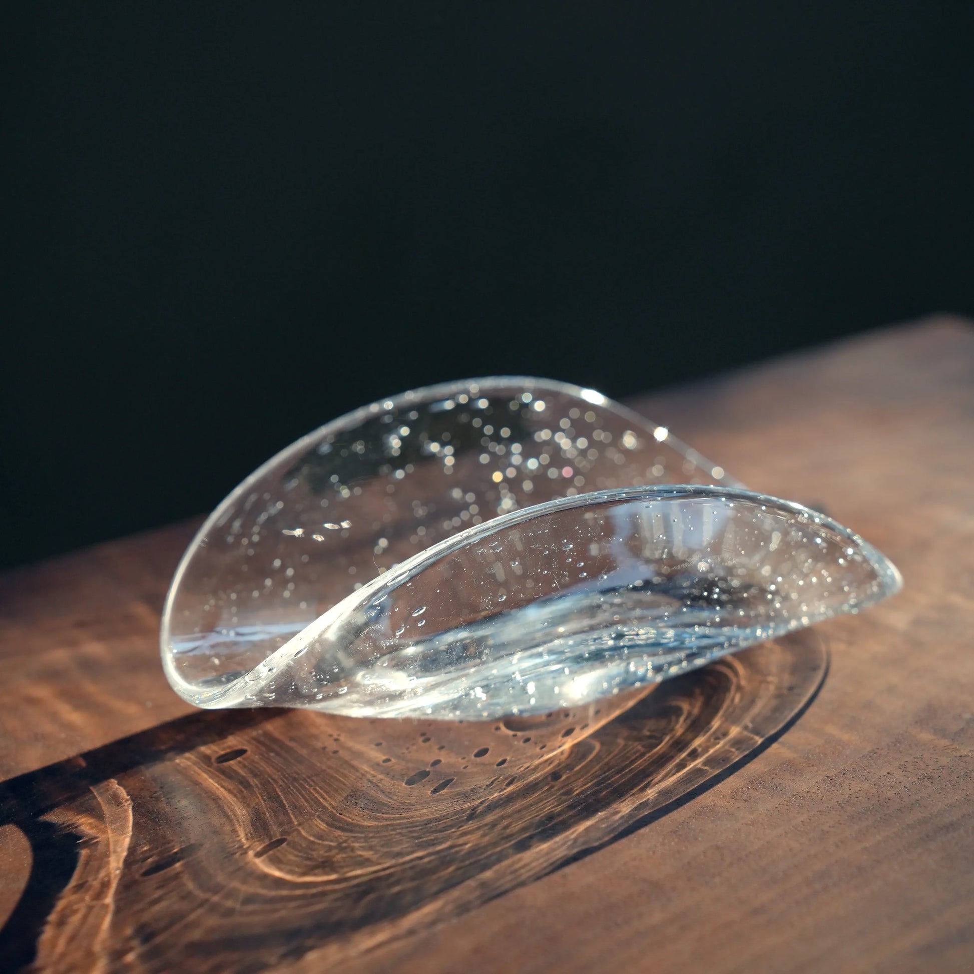 An empty bubble glass dish casting beautiful shadows in direct sunlight.