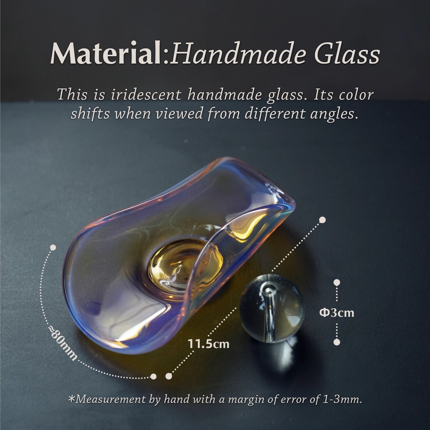 Diagram of the iridescent glass incense holder with all dimensions.