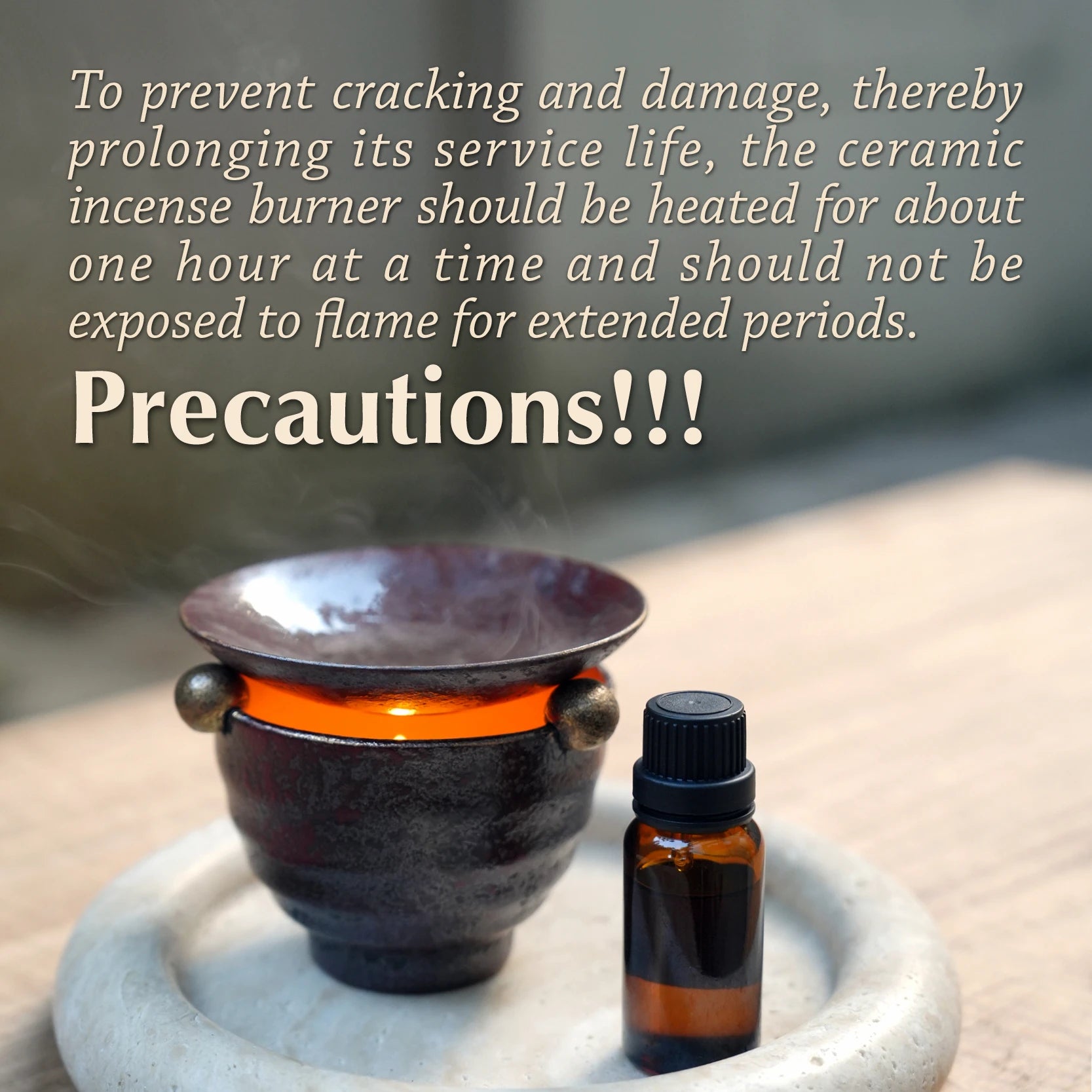 Ceramic oil burner precaution graphic: limit heat to one hour 