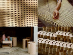 Infographic showing the artisan process of weaving rattan and crafting the wood stools.