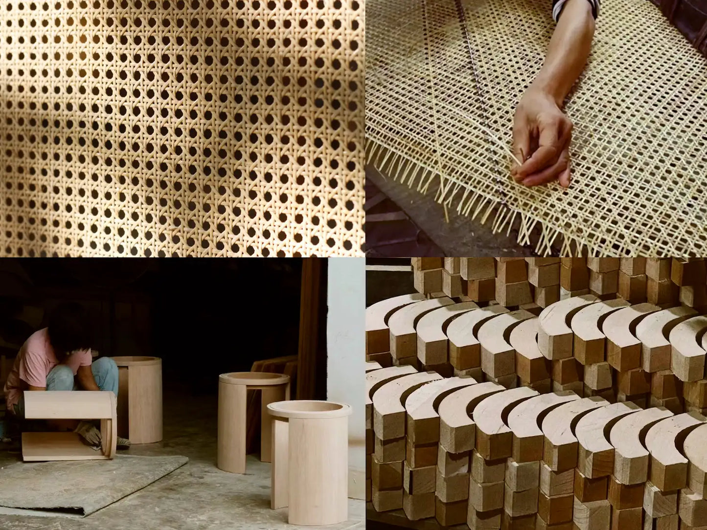 Infographic showing the artisan process of weaving rattan and crafting the wood stools.