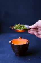 Hand lifting ceramic dish from lit oil burner, dark background