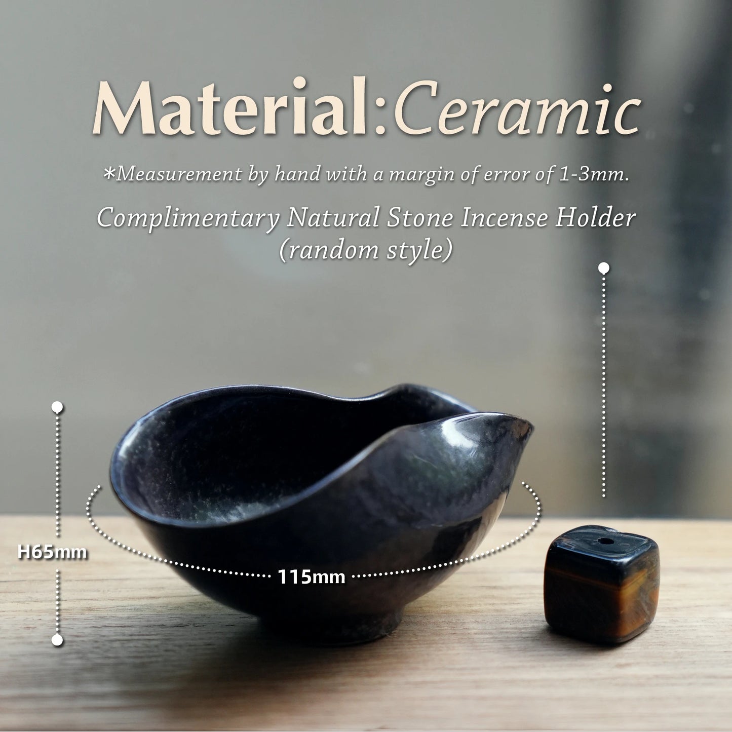 Diagram showing dimensions of the ceramic bowl and included stone holder.