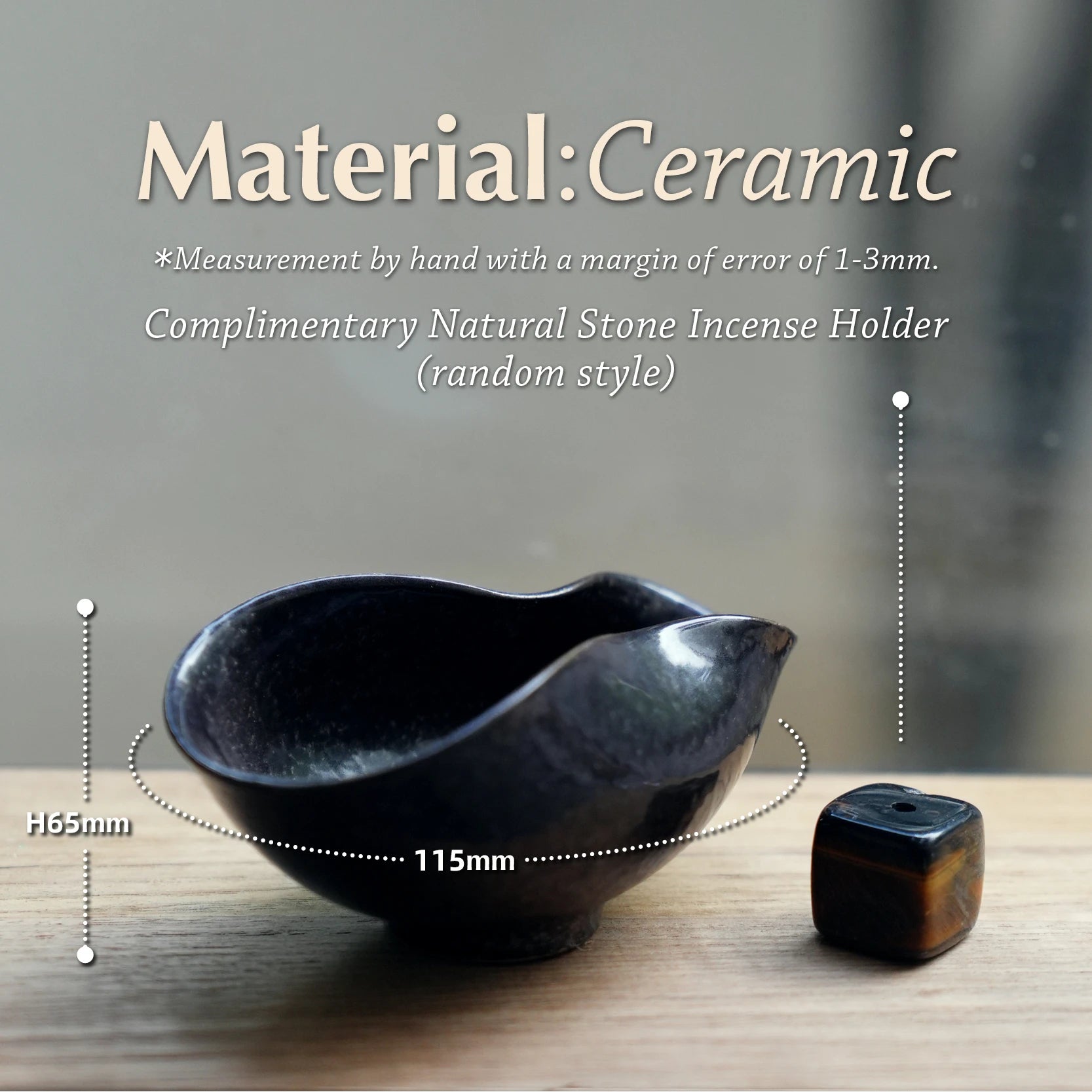 Diagram showing dimensions of the ceramic bowl and included stone holder.