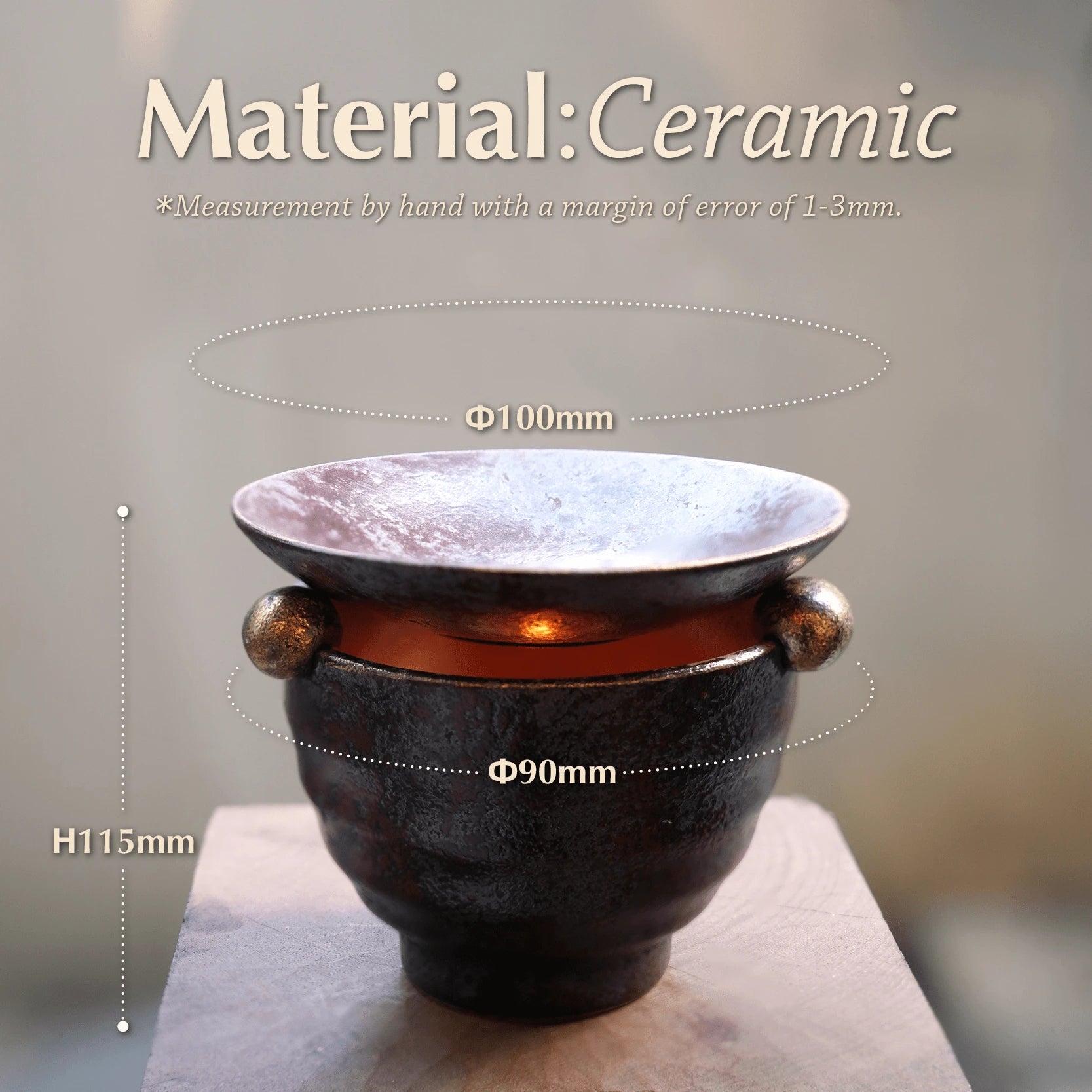 Ceramic oil burner dimensions: 100mm dish, 90mm base, 115mm tall