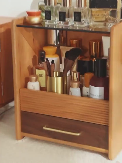 Reeded Wood Makeup Organizer - Desktop Vanity Storage